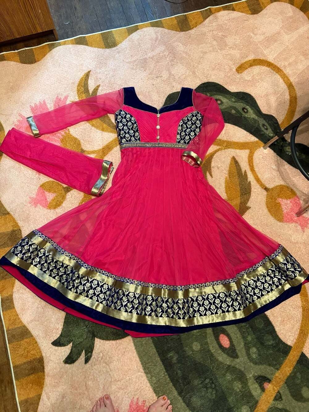 Women's Pink and Navy Blue Embroidered Anarkali Suit Dress